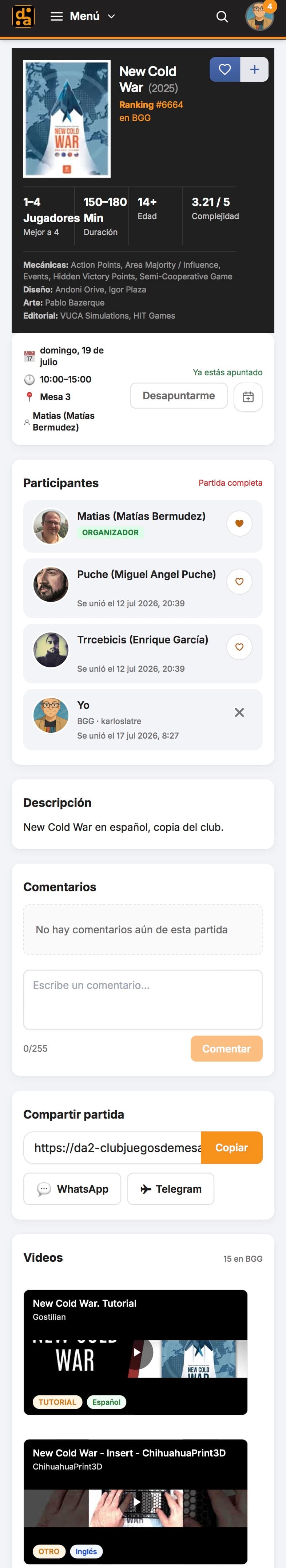 Detalle de una partida en la app del Club Da2 con participantes, comentarios y vídeos