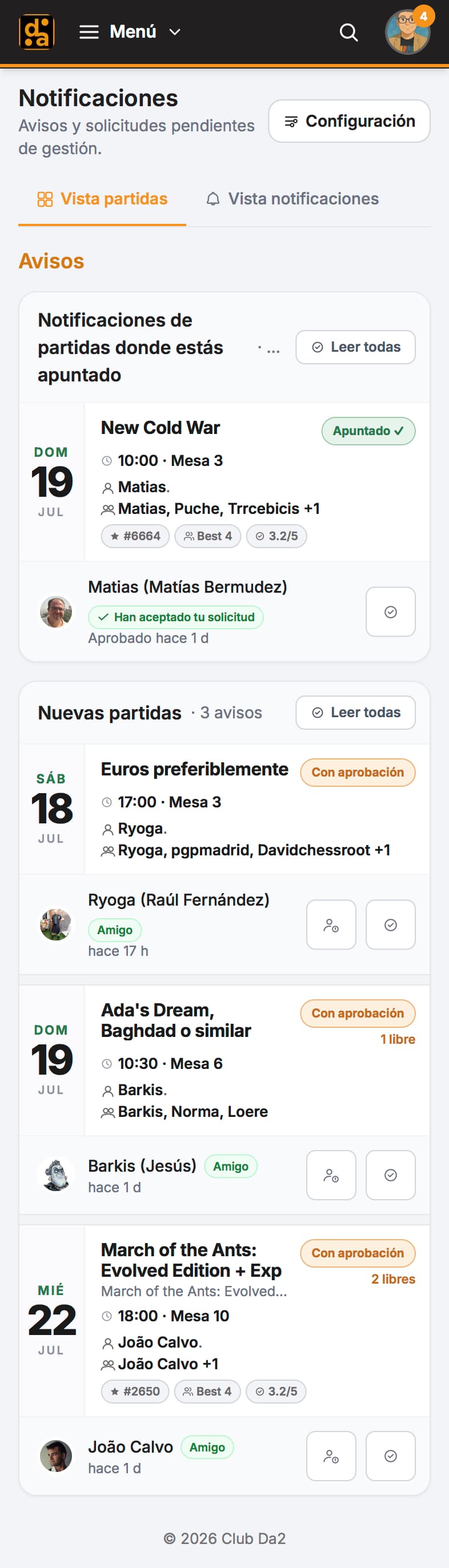 Notificaciones de partidas y solicitudes en la app del Club Da2
