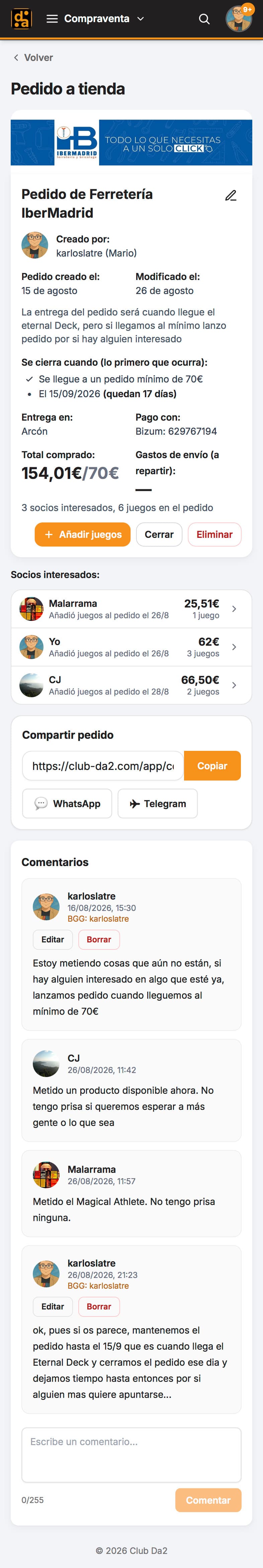 Detalle de un pedido conjunto a tienda en la app del Club Da2 con los socios apuntados y sus juegos