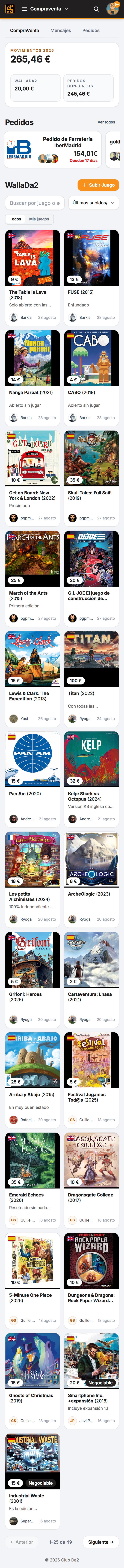 Tablón de compraventa WallaDa2 con juegos de segunda mano publicados por socios del Club Da2